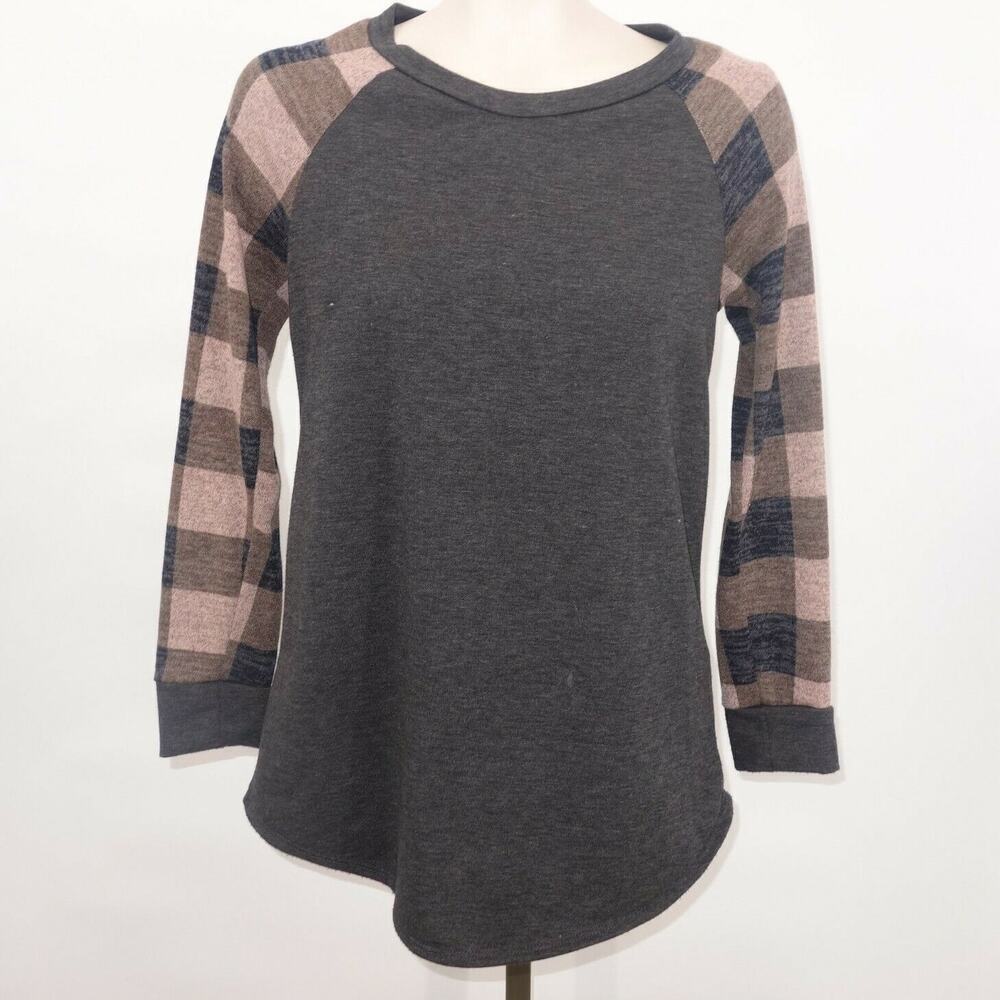 12PM by Mon Ami Gray Shirt  Green Pink Black Plaid Sleeves Women's Small 4/6